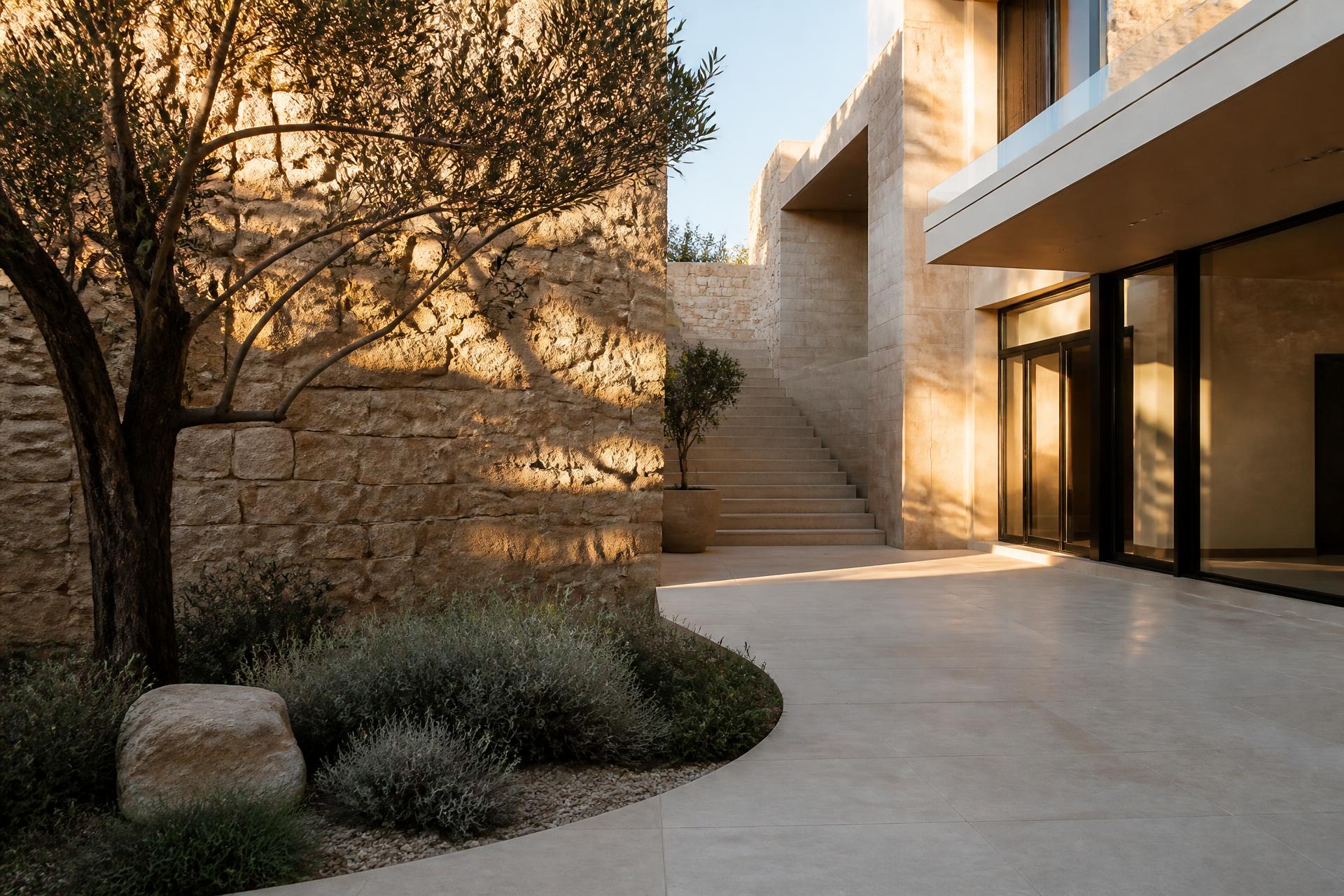 Limestone-paved villa courtyard with a textured natural stone wall in warm evening light